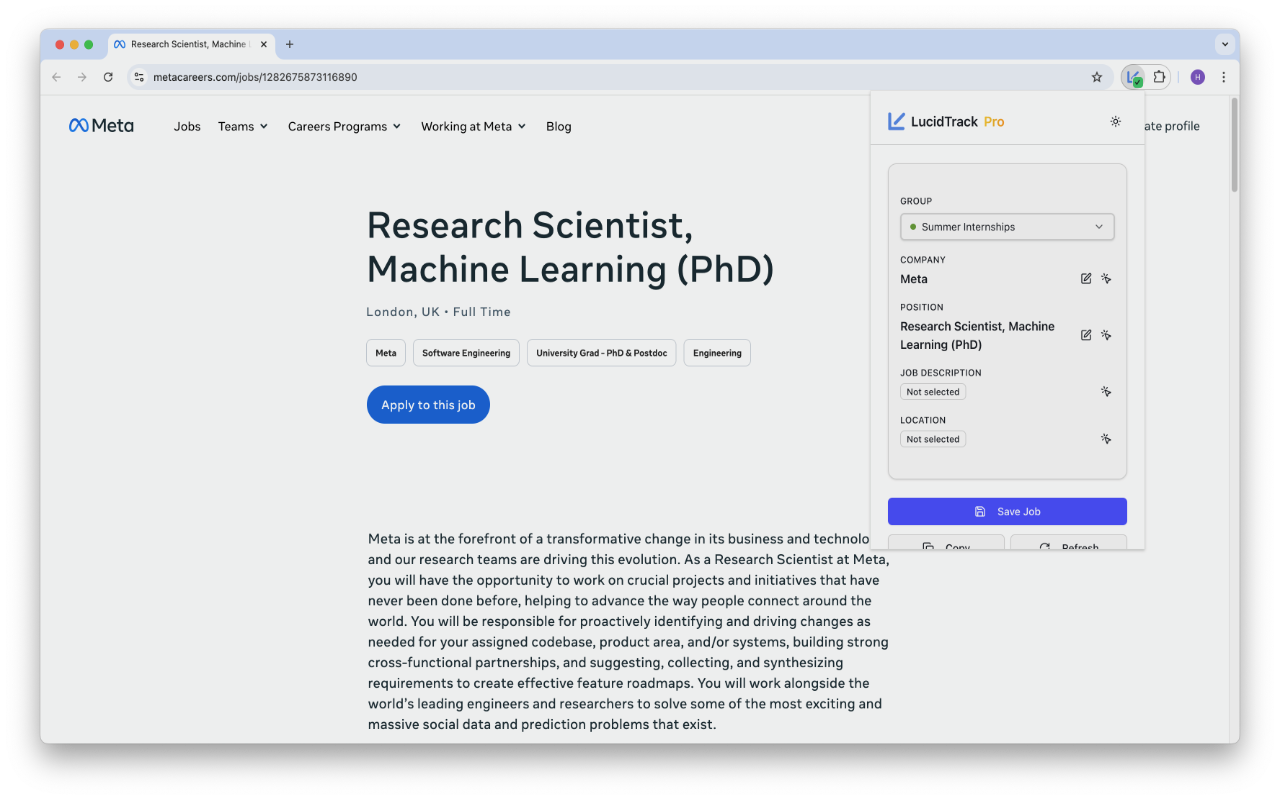 Image of LucidTrack's Chrome extension detecting a job posting